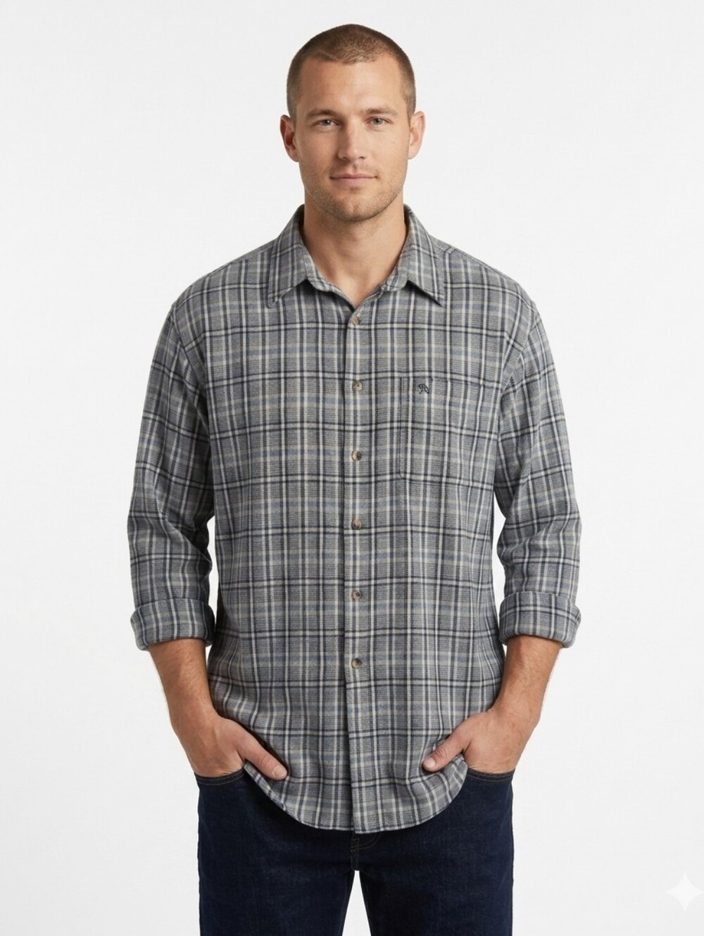 Arnold Palmer Plaid Flannel Shirt Mens L Blue Grey Long Sleeve Button Up